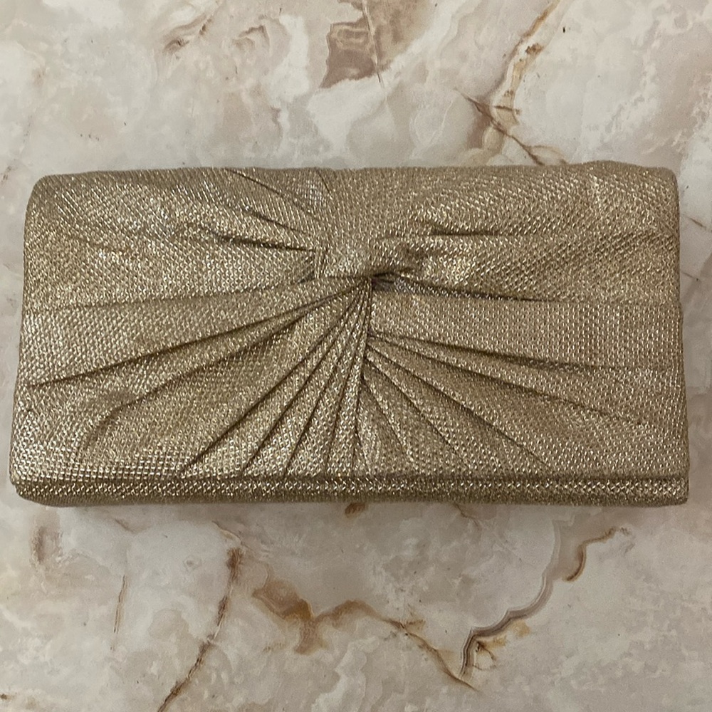 Bronze Gold Shimmer Sparkle Clutch Purse with Shoulder Chain Lined Inside Pocket